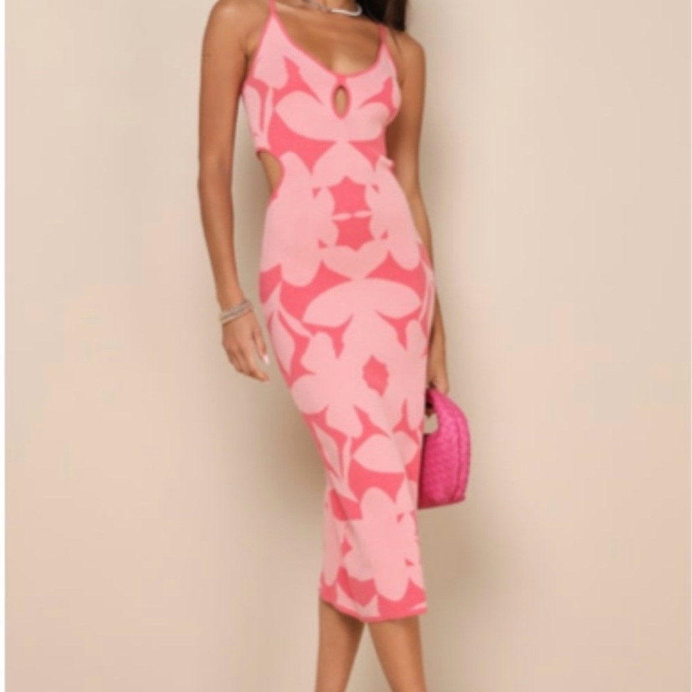 Lulu's Pink Red Halter Bodycon Midi Dress- NEW